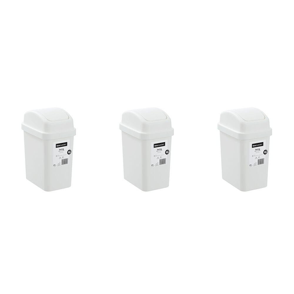 Boxsweden Durable Slim Line Rubbish Bin w/ Swing Lid 6L White (3 Pack)