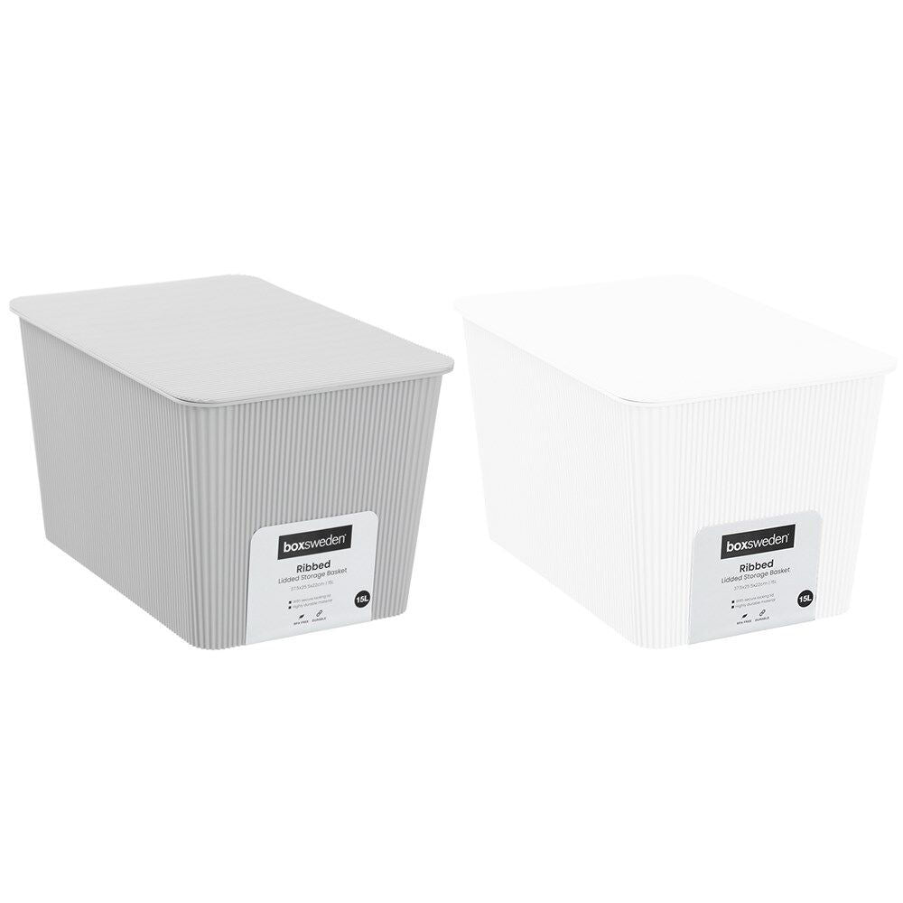 Boxsweden Discrete Durable Storage Basket Ribbed with Lid 15L Assorted (3 Pack) — image 3