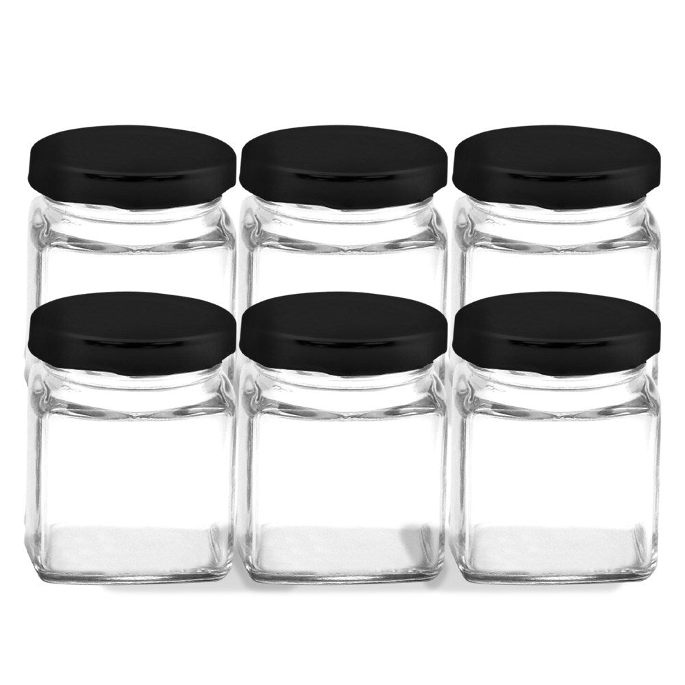 Lemon and Lime Lemon & Lime 120ml Glass Square Jar Food Storage Container w/ Black Lid (6 Pieces)