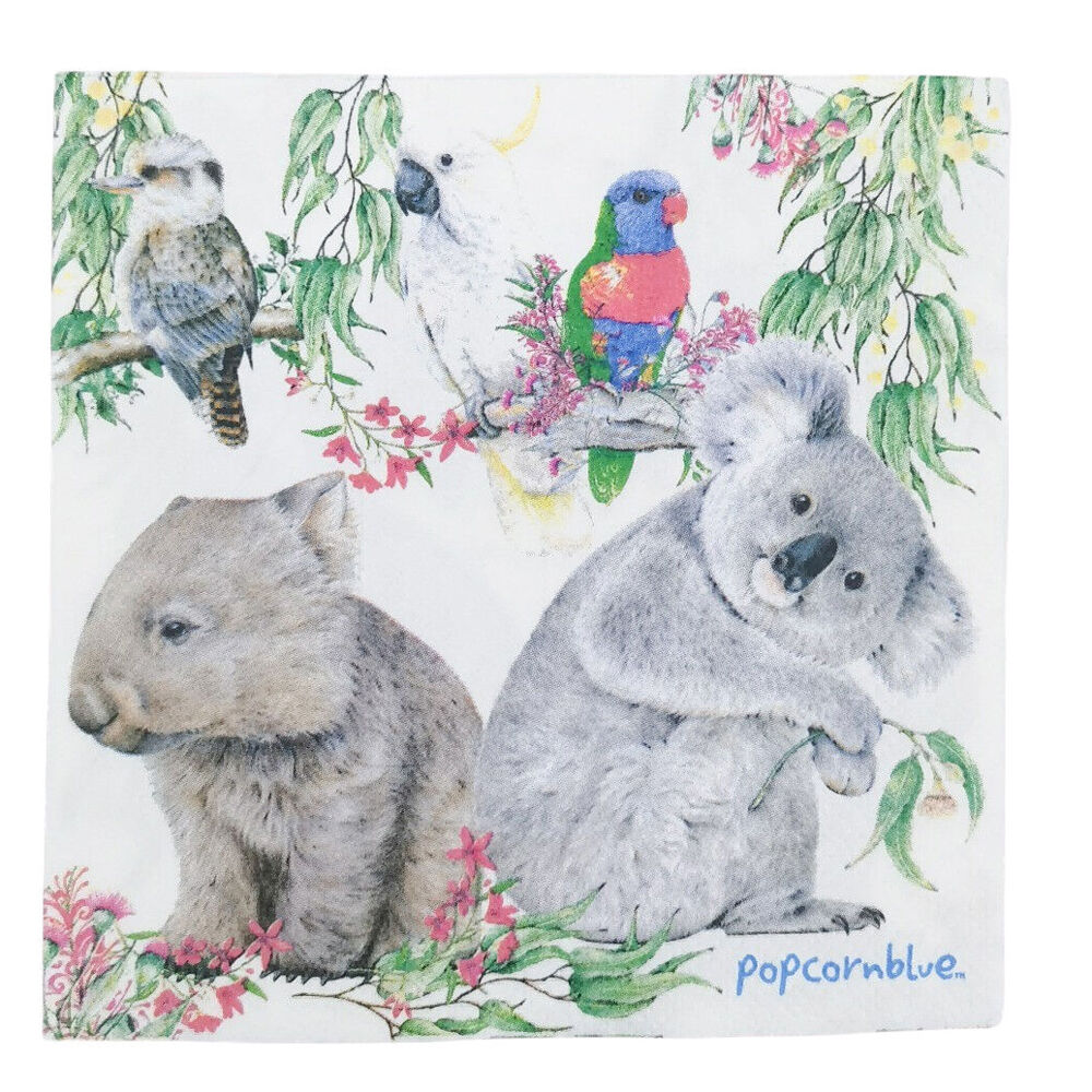Urban Popcorn Blue Australiana Paper Napkins Serviette Set 33x33cm White (20 Pieces)