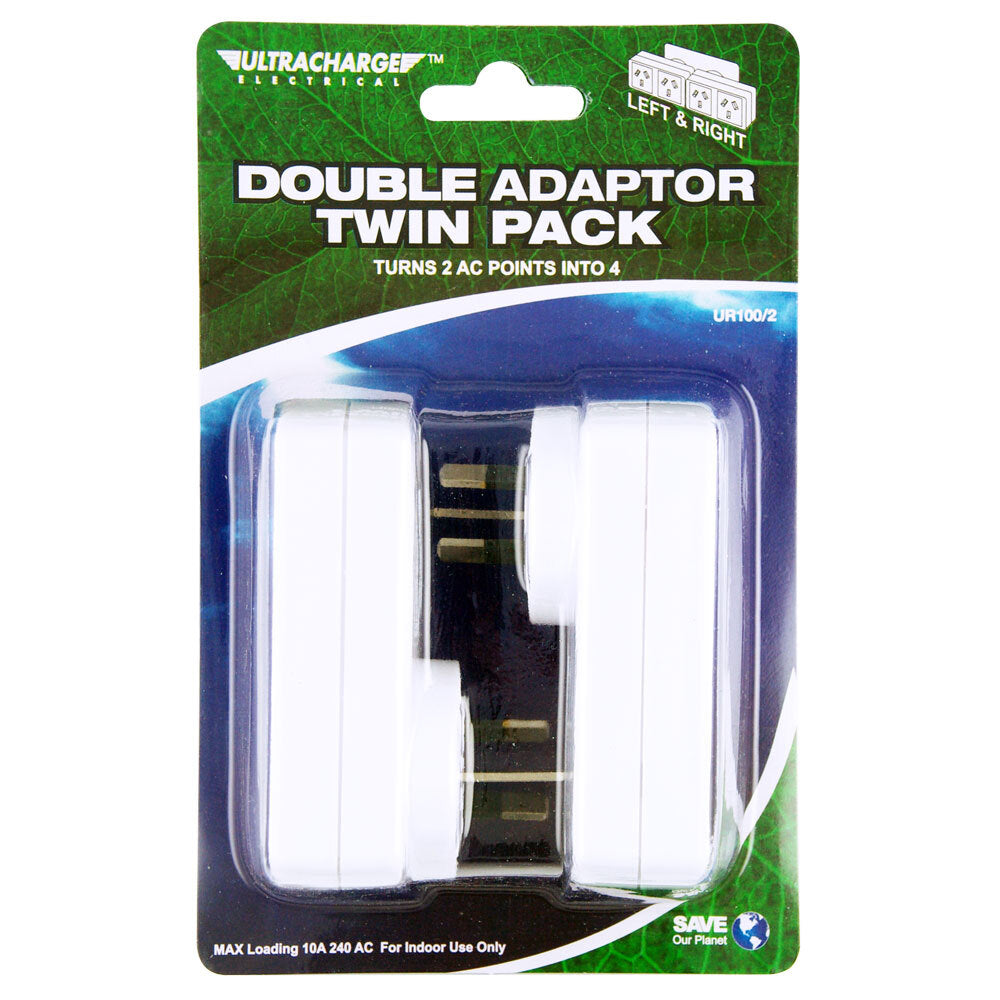 Ultracharge Double AC Adaptor Twin Left & Right 4 Outlets Plug Extender White — image 2