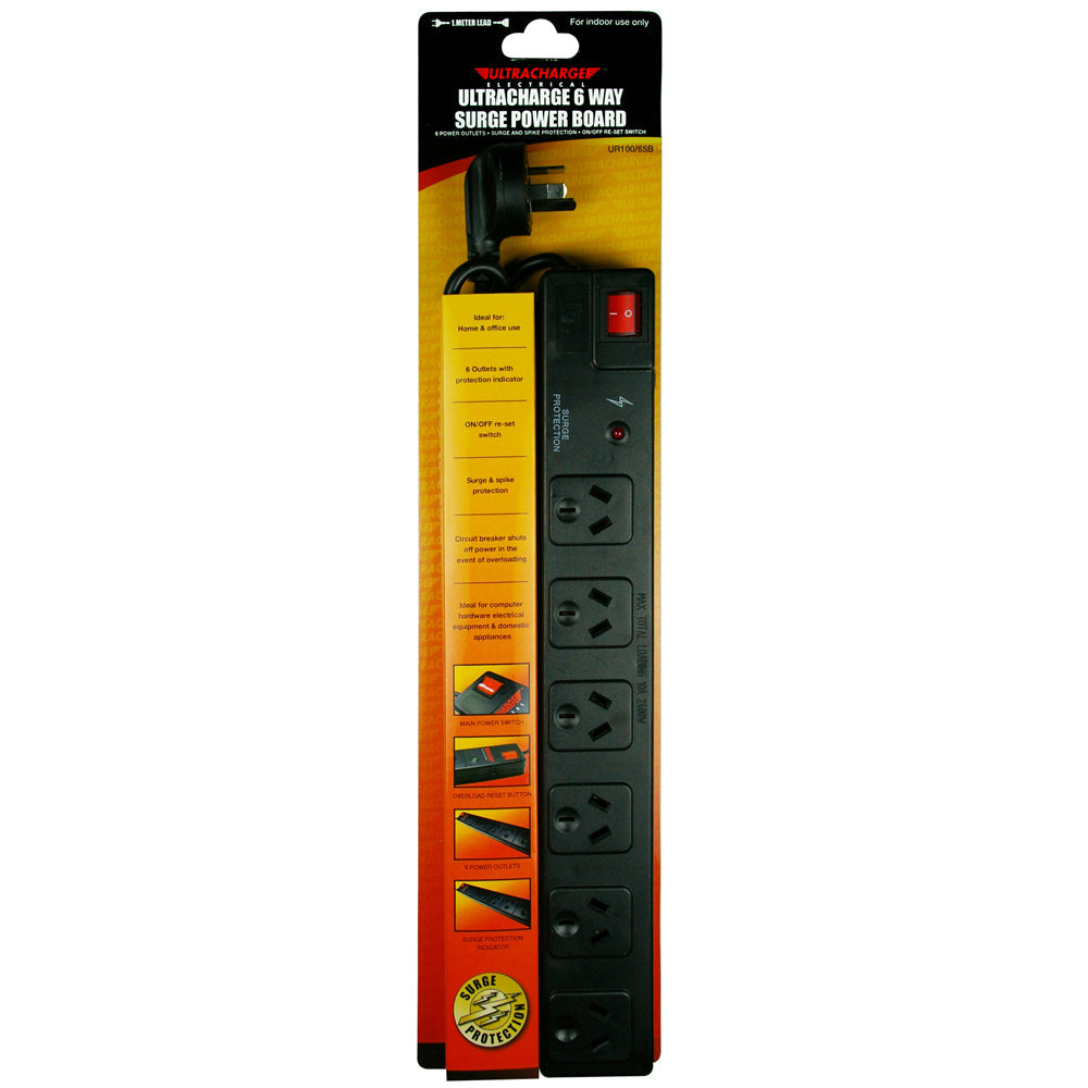 Ultracharge 6-Socket Surge Protection Power Board w Switch — Black