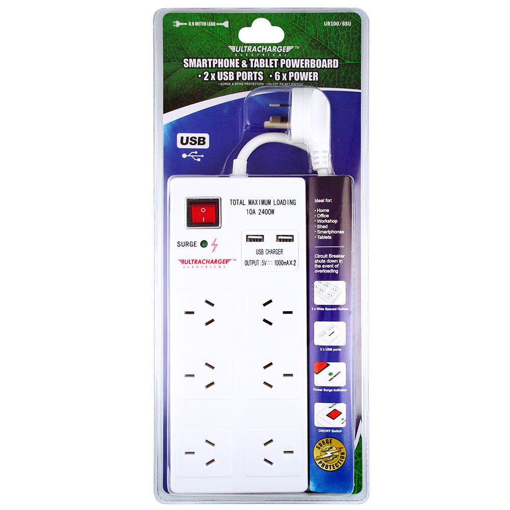 Ultracharge 6-Socket Surge Power Strip Board 1m Cord Outlets w/ 2x USB Ports WHT