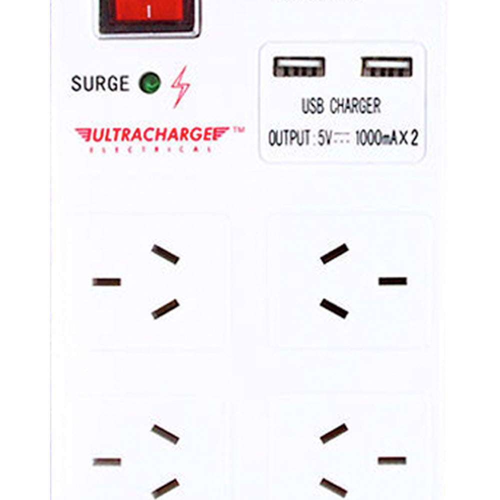 Ultracharge 6-Socket Surge Power Strip Board 1m Cord Outlets w/ 2x USB Ports WHT — image 3