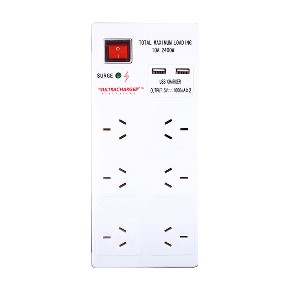 Ultracharge 6-Socket Surge Power Strip Board 1m Cord Outlets w/ 2x USB Ports WHT — image 2