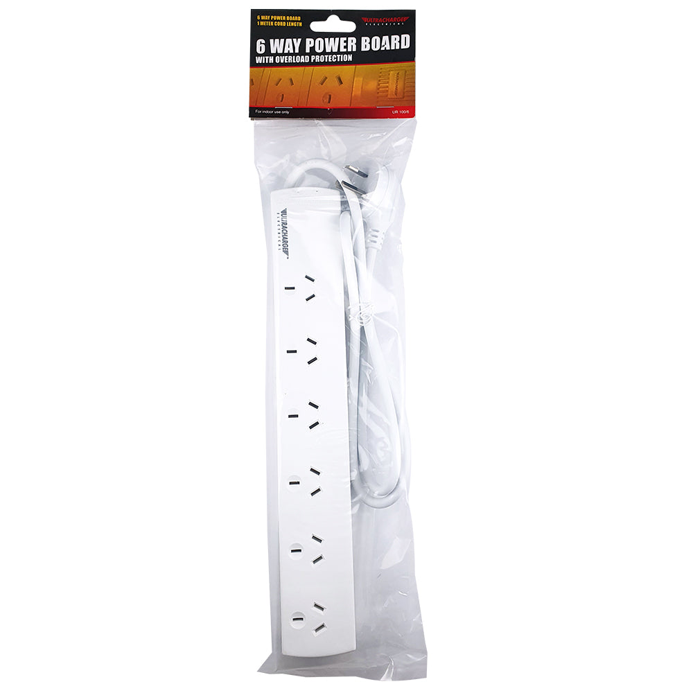 Ultracharge Standard 6-Socket Power Board Strip 1m Cord Extension Sockets White