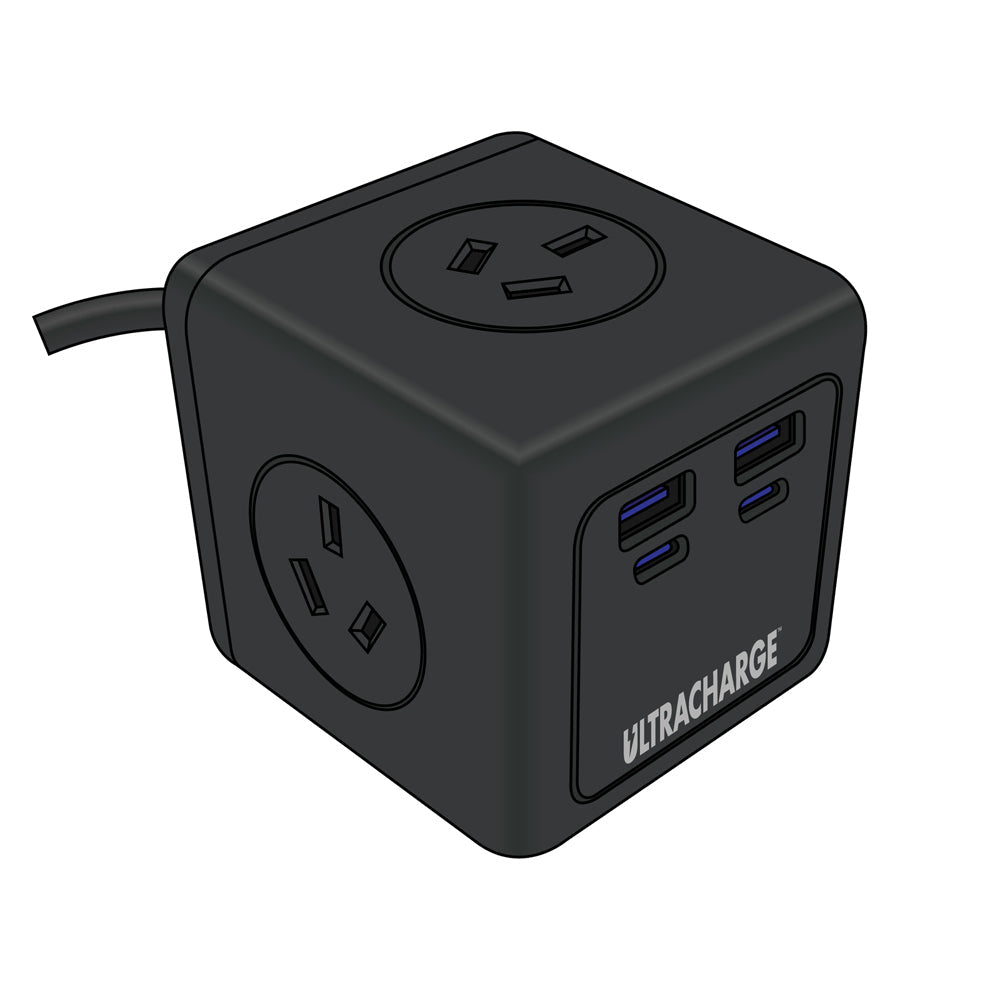 Ultracharge Power Cube 3-Socket/4-USB Port Plug AU/NZ Adapter Outlet — Black