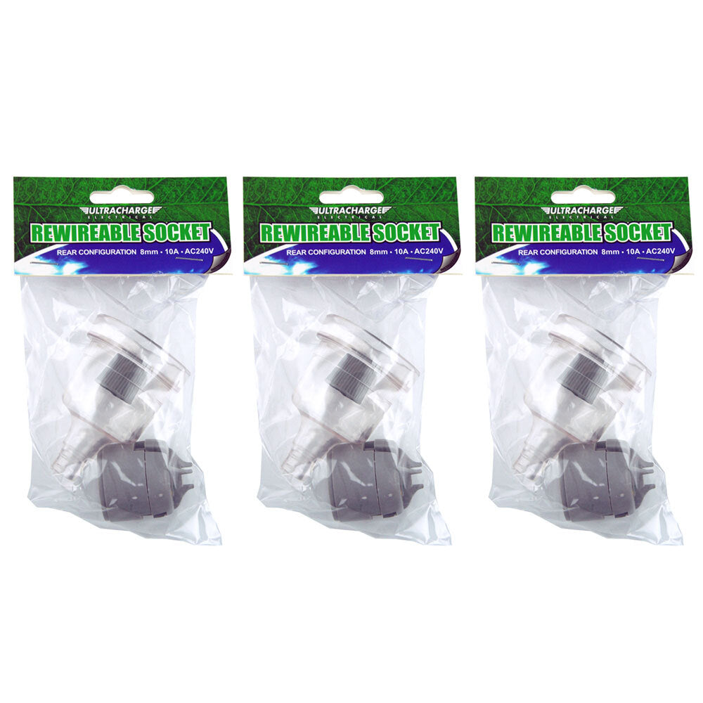 Ultracharge Electrical 10A Rewireable Socket 8mm Rear Entry Configuration (3 Pack)