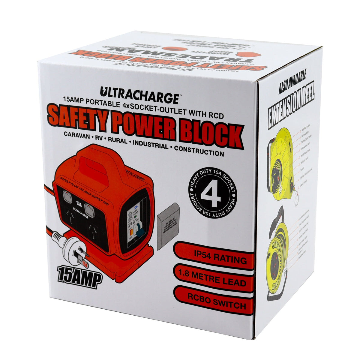 Ultracharge 15A 4-Way Outlet 18cm RCD Safety Power Block Sockets w/15A Plug Red — image 3