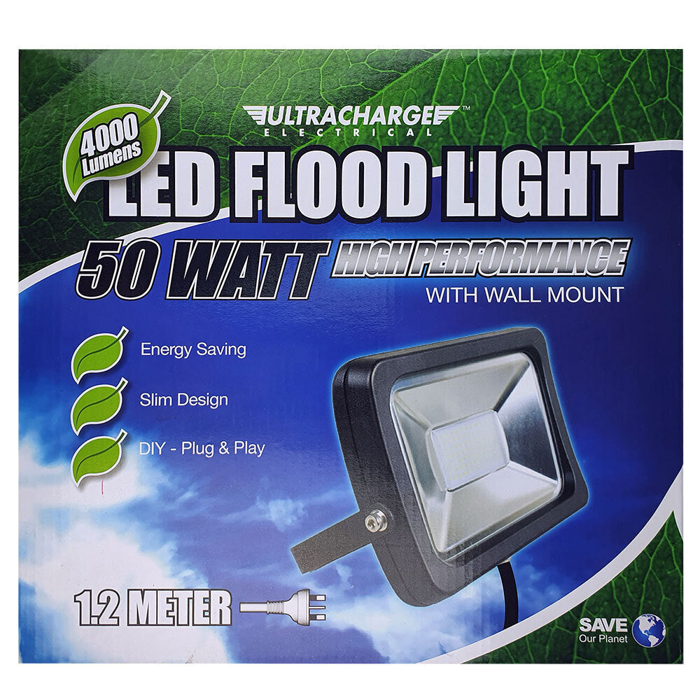 Ultracharge 50W LED Floodlight Cool Wall Mounted Outdoor Flood Light BLK — Black