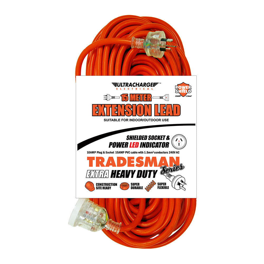 Ultracharge Extension Lead Cable 10A Extra Heavy Duty Cord Plug/Socket Red — 15m