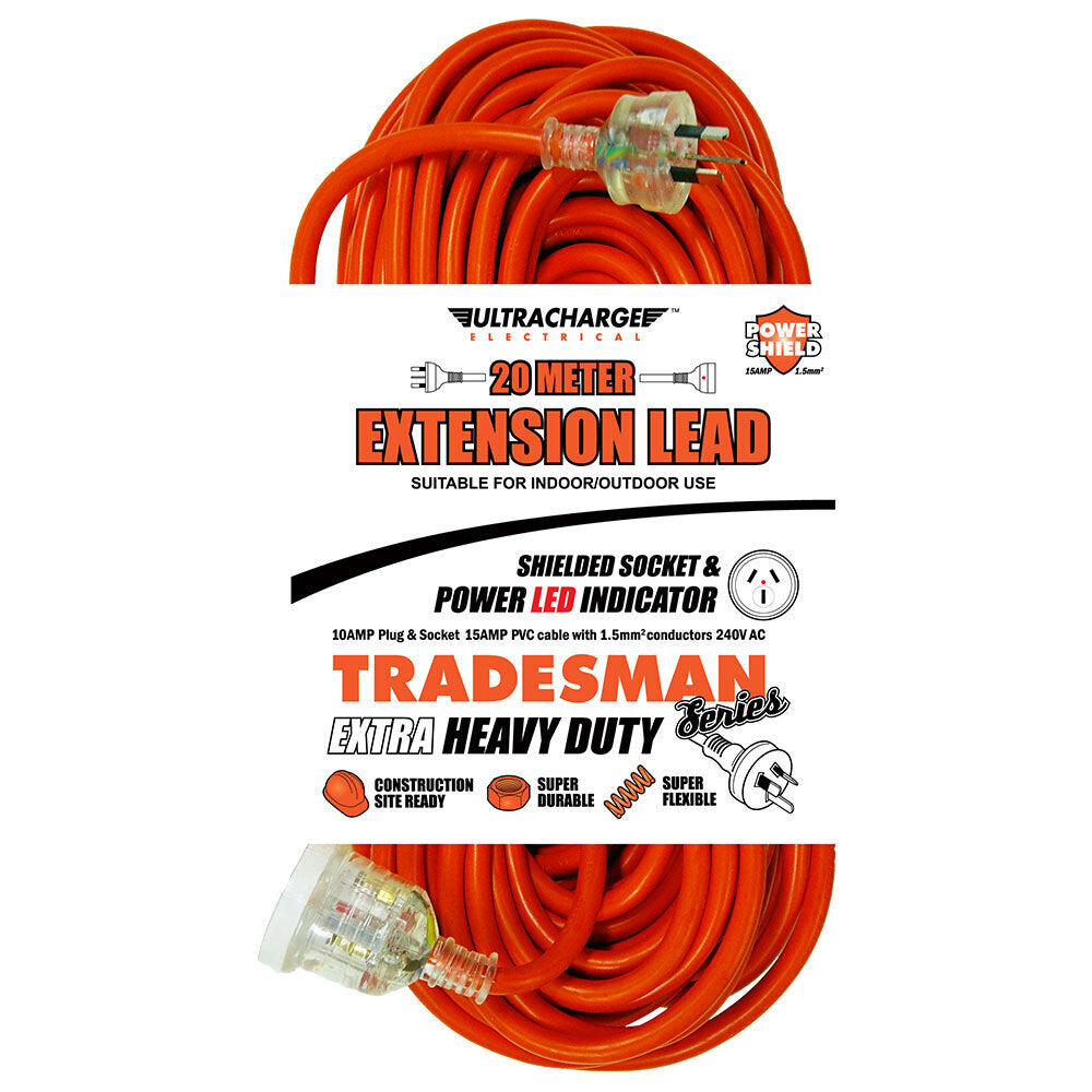 Ultracharge Extension Lead Cable 10A Extra Heavy Duty Cord Plug/Socket Red — 20m