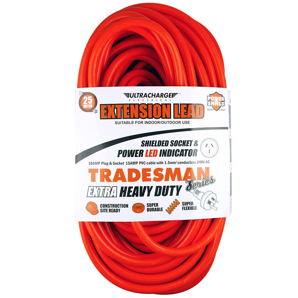Ultracharge Extension Lead Cable 10A Extra Heavy Duty Cord Plug/Socket Red — 25m