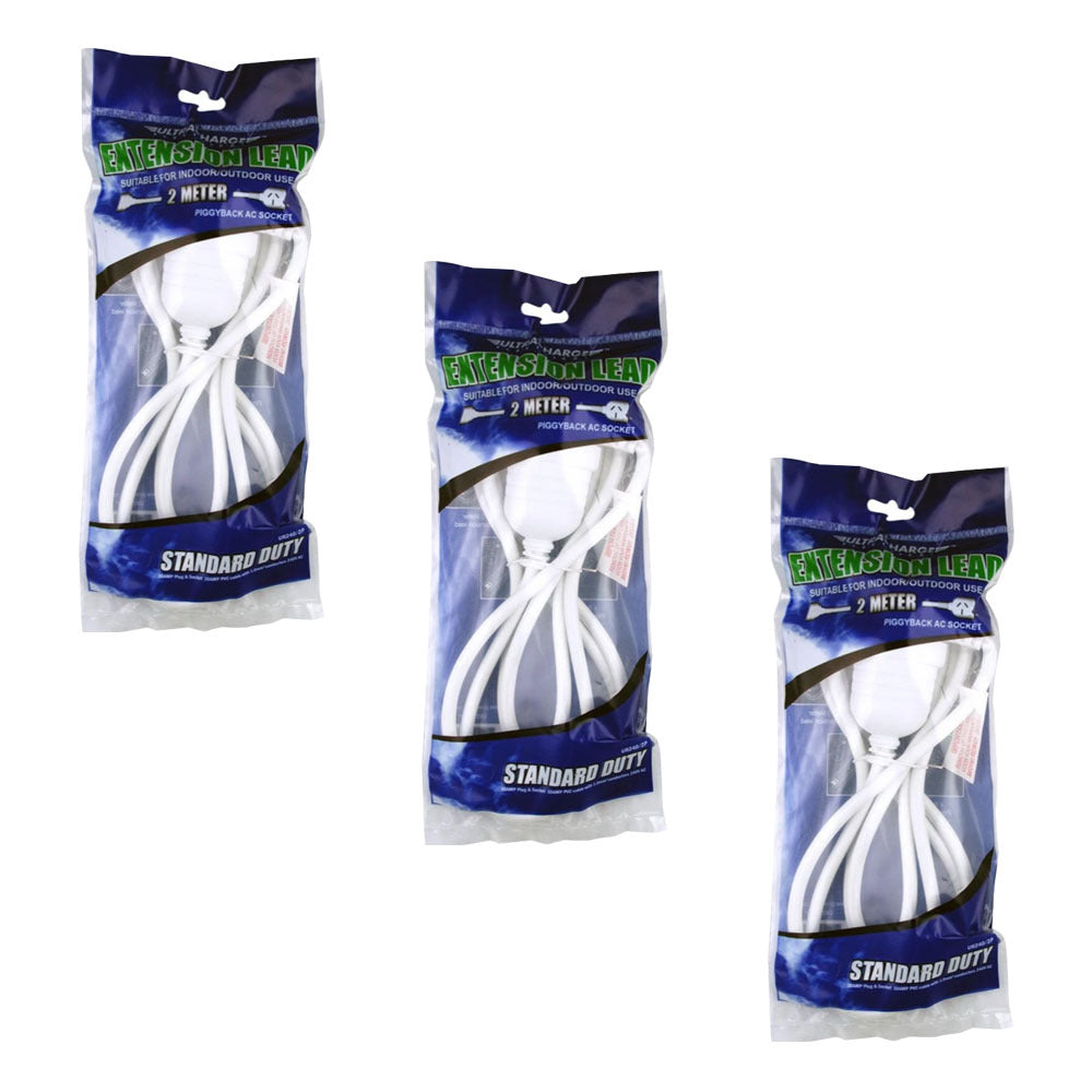 Ultracharge 2m Cord Extension Power 10A Lead AU/NZ Cable w/Piggy Back Plug WH (3 Pack) — image 3