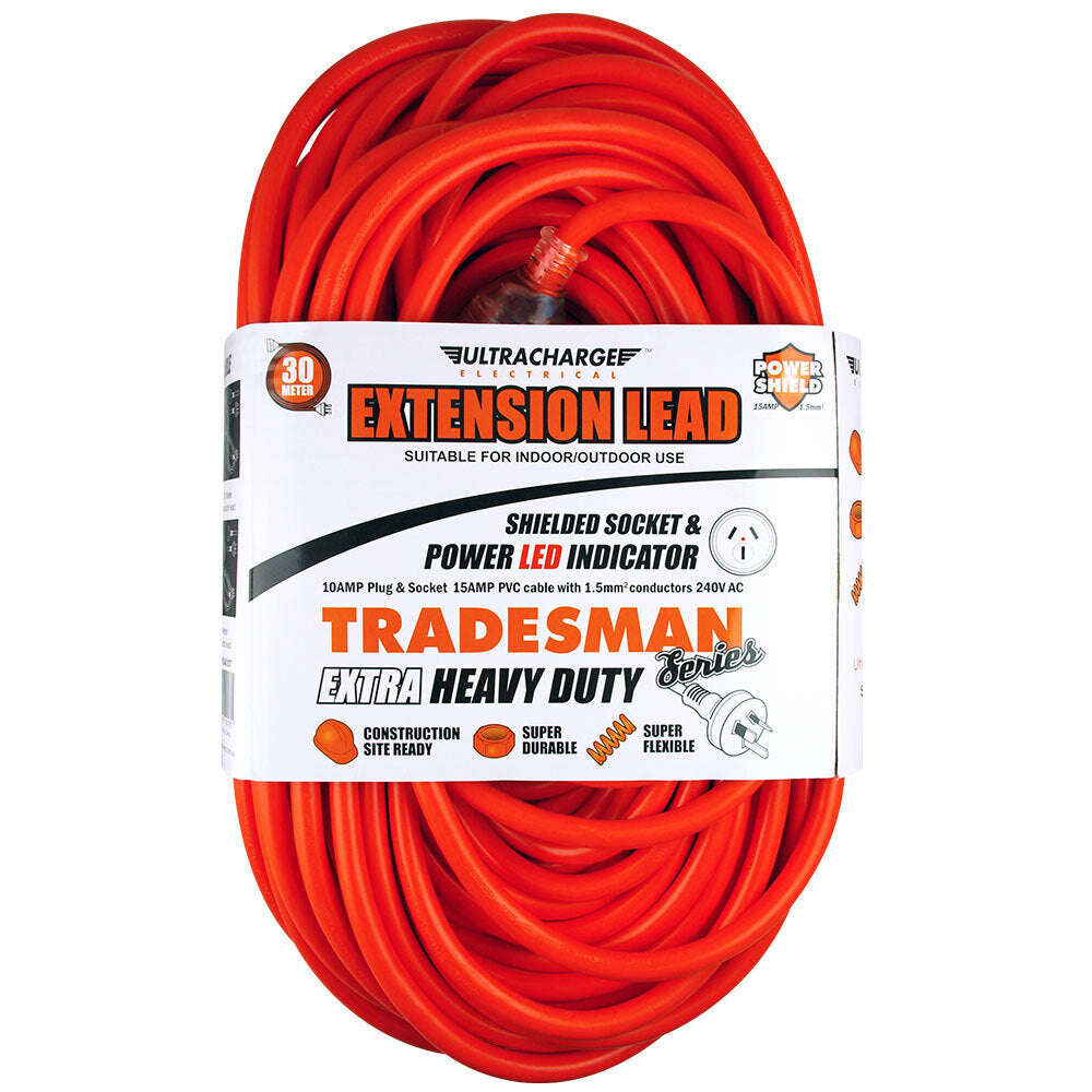 Ultracharge Extension Lead Cable 10A Extra Heavy Duty Cord Plug/Socket Red — 30m