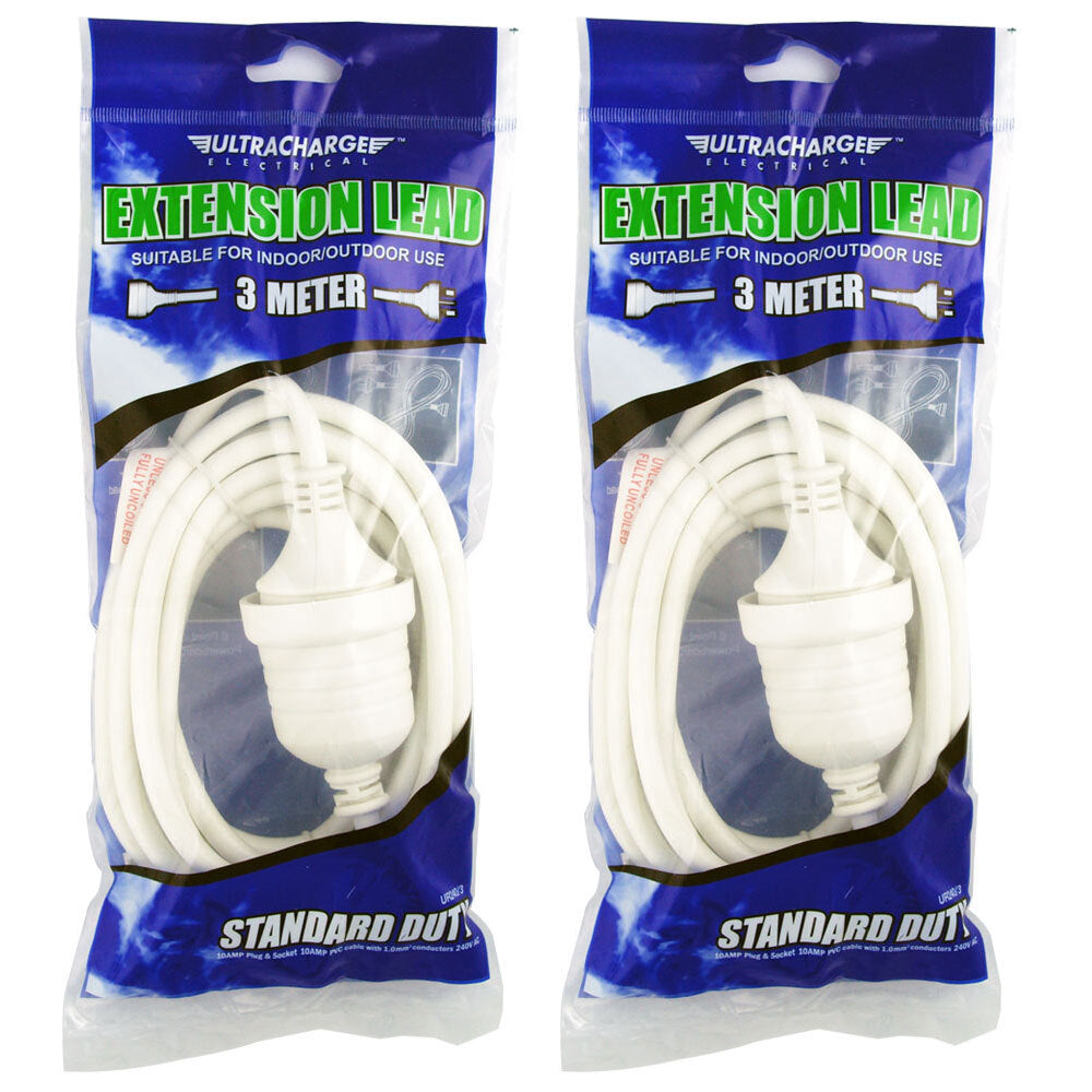 Ultracharge Extension Lead 3m Cable Cord Suitable for Indoor/Outdoor Use WHT (2 Pack)
