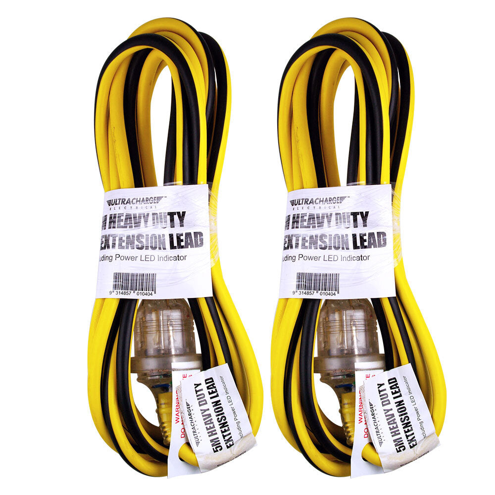 Ultracharge 5m Extension Heavy Duty 10A/2400W Lead Power Cable Cord AU/NZ YL (2 Pack)