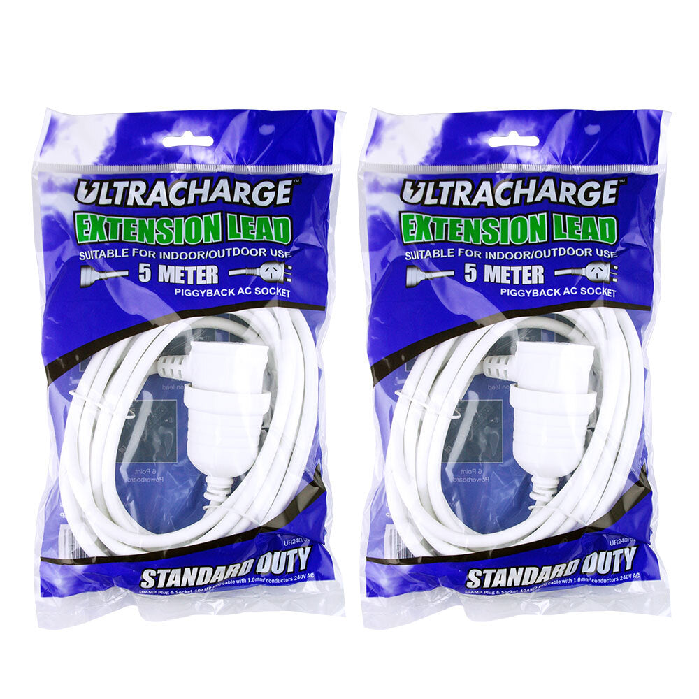 Ultracharge 5m Cord Extension Power 10A Lead AU/NZ Cable w/Piggy Back Plug WH (2 Pack)