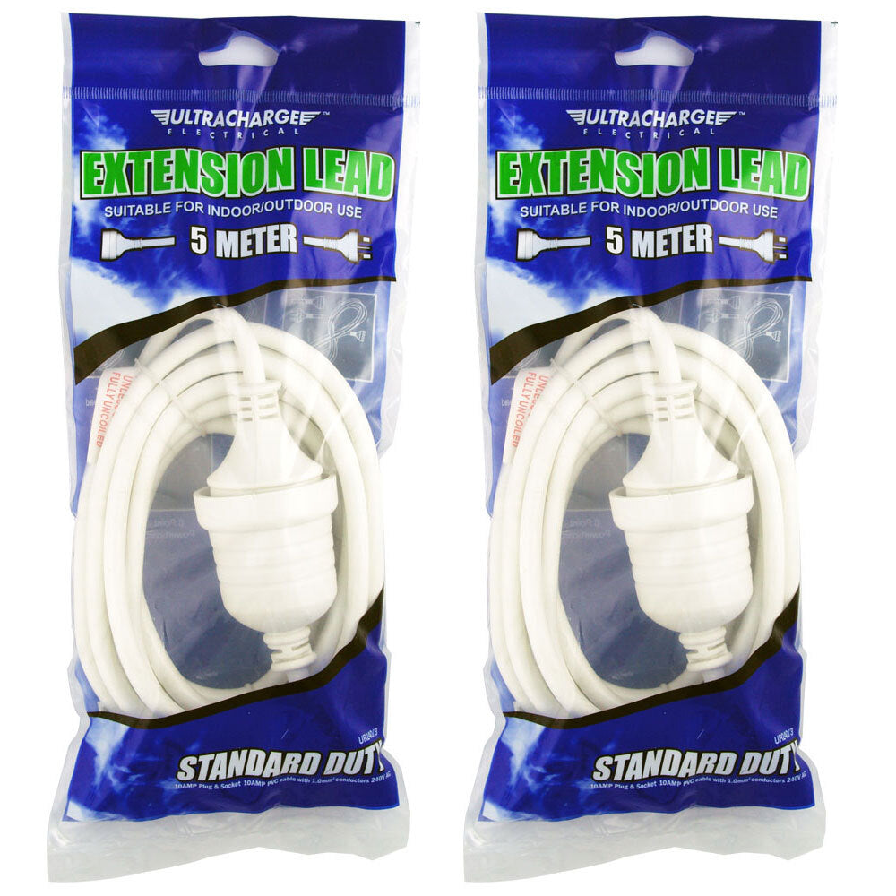 Ultracharge Extension Lead 5m Cable Cord Suitable for Indoor/Outdoor Use WHT (2 Pack)