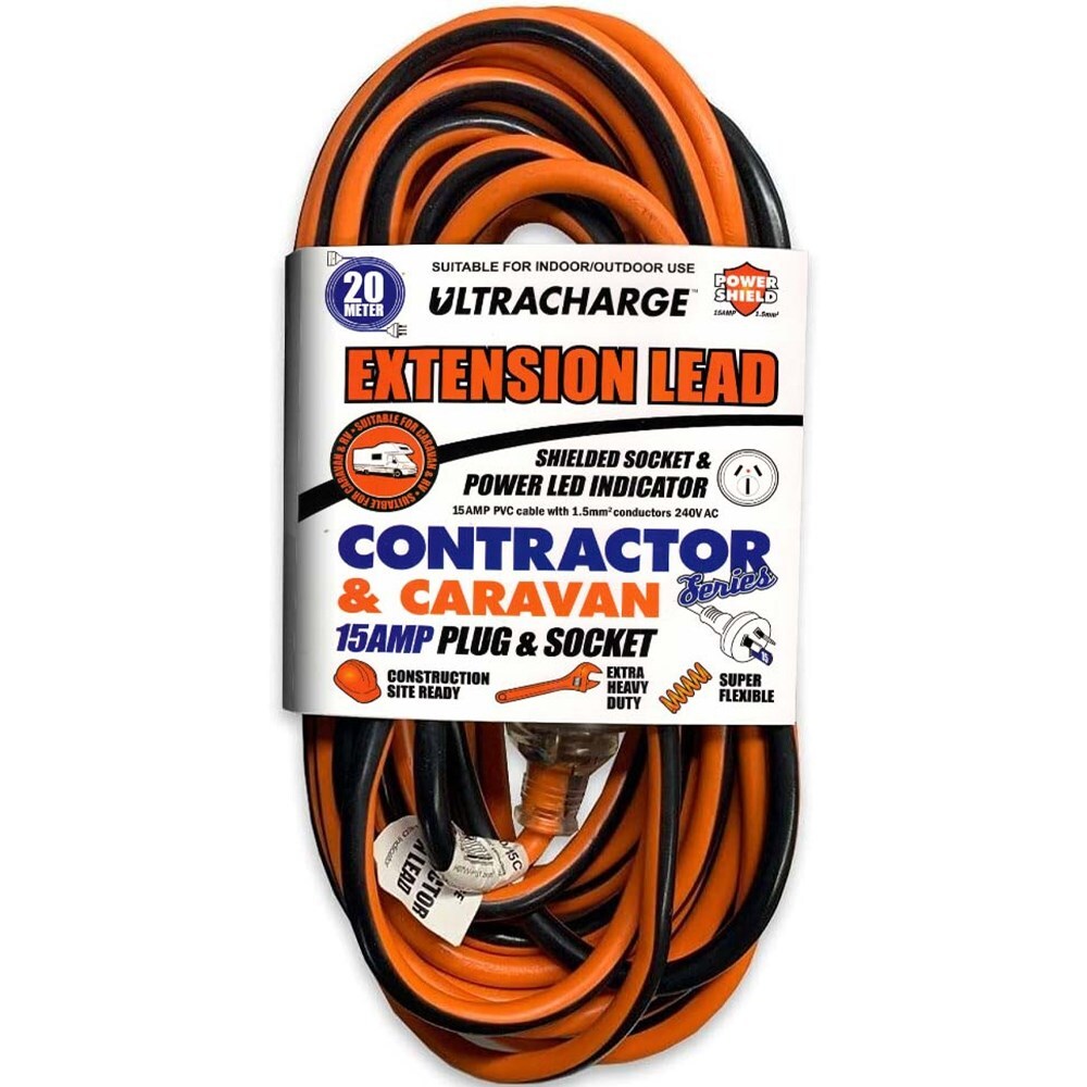Ultracharge Extension Lead Cable 15A 240V Heavy Duty Cord Plug/Socket Red — 20m