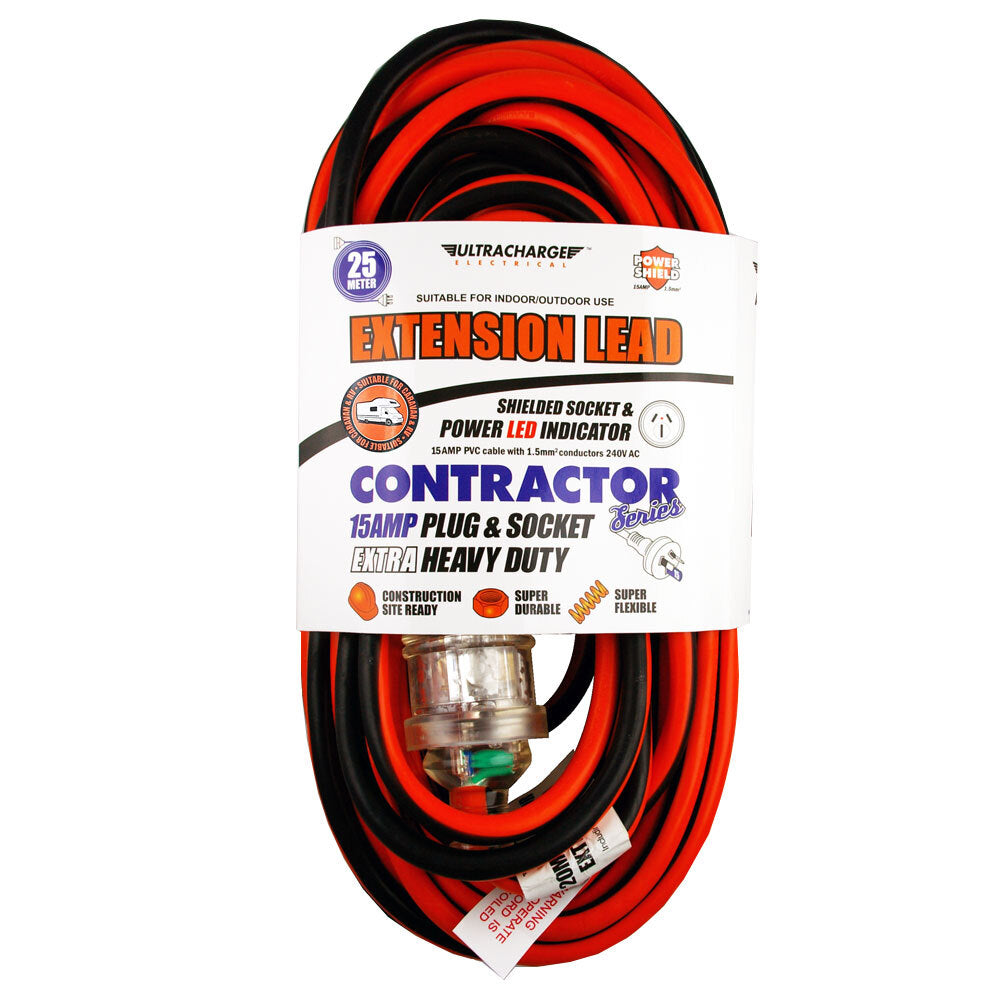 Ultracharge Extension Lead Cable 15A 240V Heavy Duty Cord Plug/Socket Red — 25m