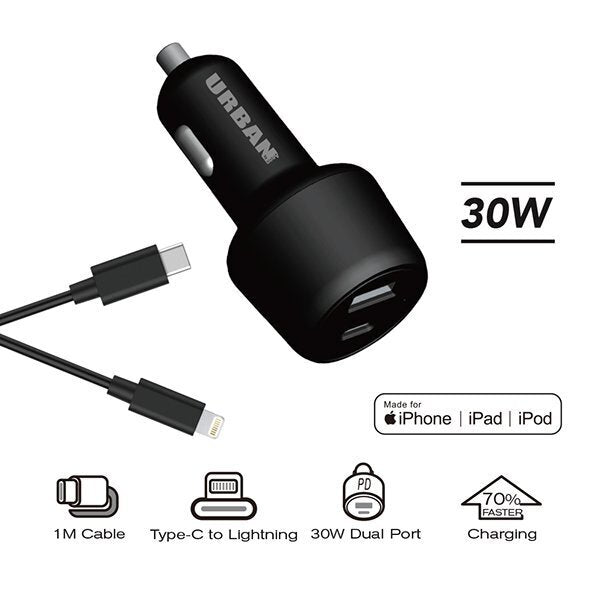 Urban 30W Dual Port Car Charger Adapter 1m Cable Compatible w/ iPhone Black — image 2