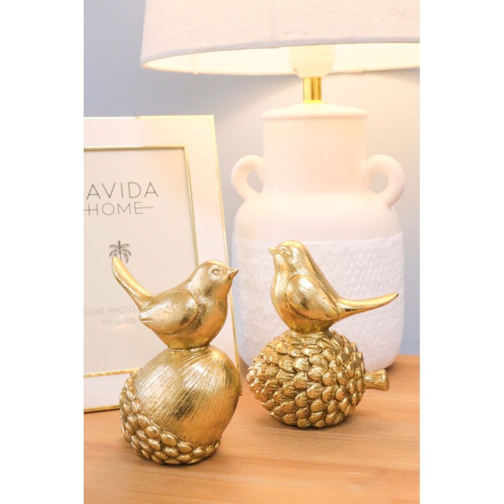 LVD Polyresin Sculpture Bird On Pine Cone Figurine Home Decor 12.9cm Gold — image 2