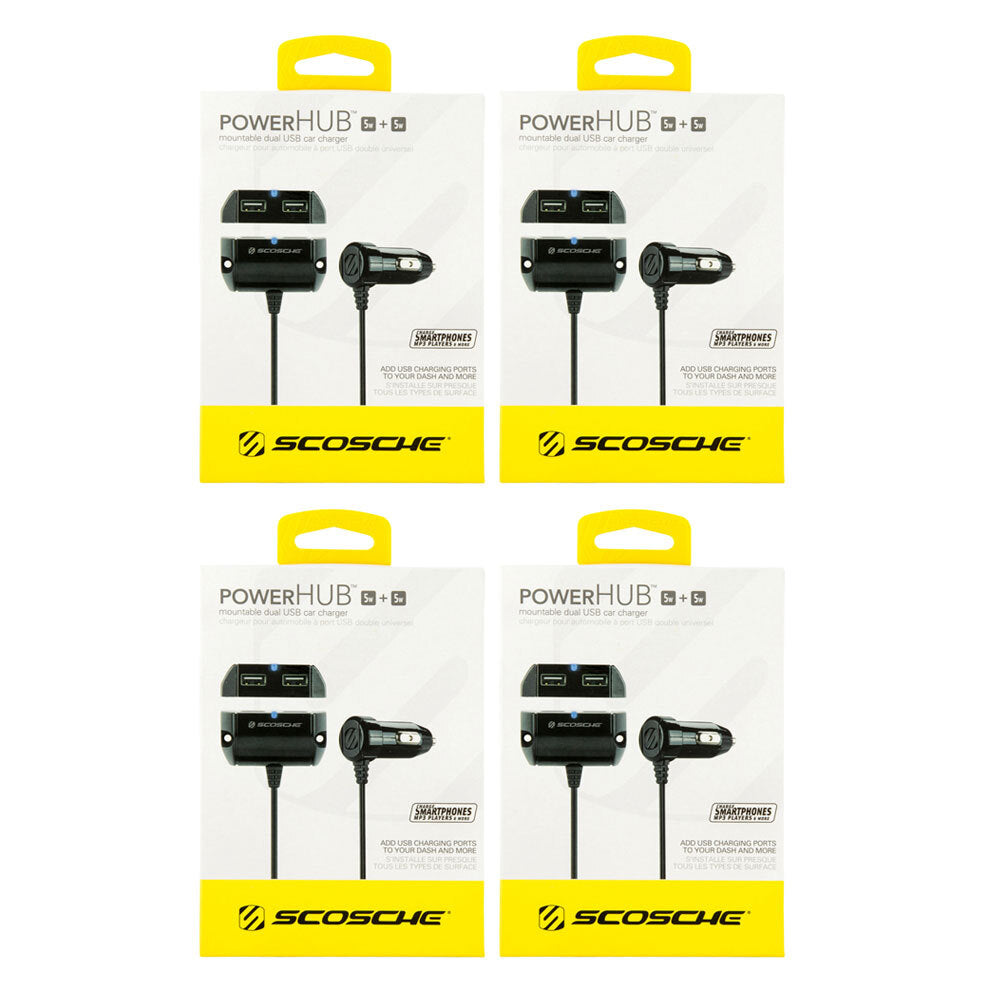 Scosche PowerHub 10W Mountable Dual-Port USB Car Charger - Black (4 Pack)