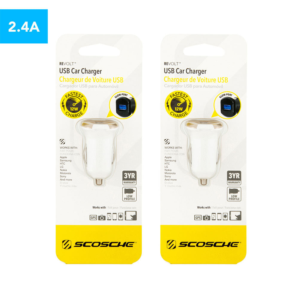 Scosche reVOLT 12W USB Car Charger - White/Gold (2 Pack)