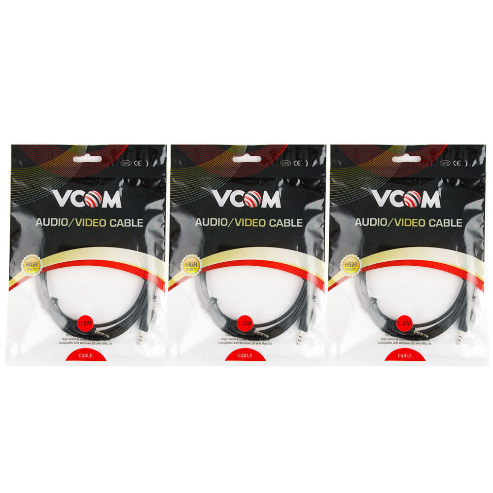V-Com AUX Cable 1.8m Lead 3.5mm Audio Male to M Cord Adapter f/ Car/Phone BLK (3 Pack)