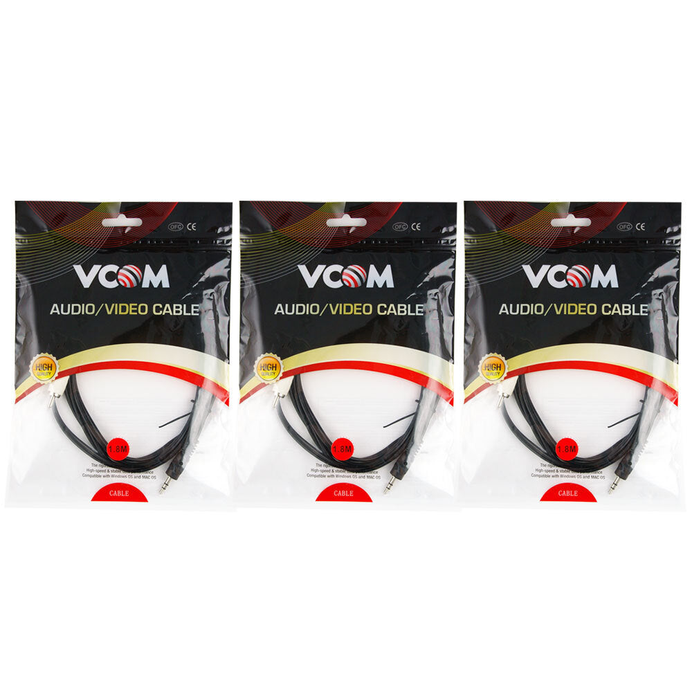 V-Com 1.8m AUX Cable 3.5mm Stereo Jack Male to 2RCA M Audio Connector Cord BK (3 Pack)