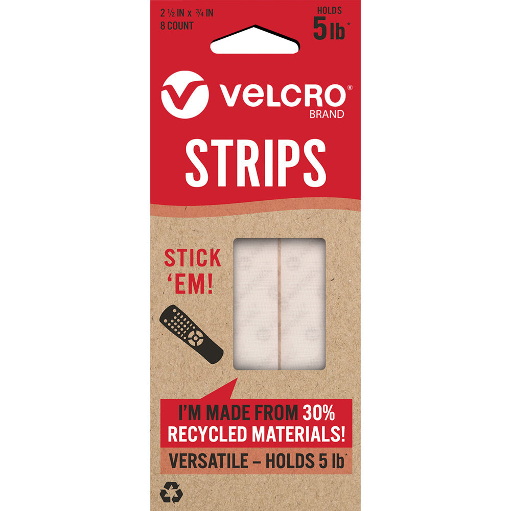 Velcro Eco Collection Stick On Hook and Loop White Strips 6.35cm x 19mm (8 Pieces)