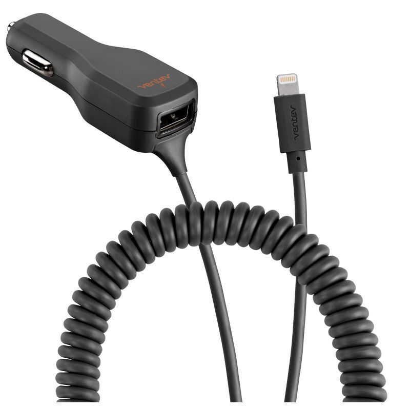 Ventev USB-A MFI-Certified Lightning Coiled Cable Dual Car Charger for iPhone — image 2