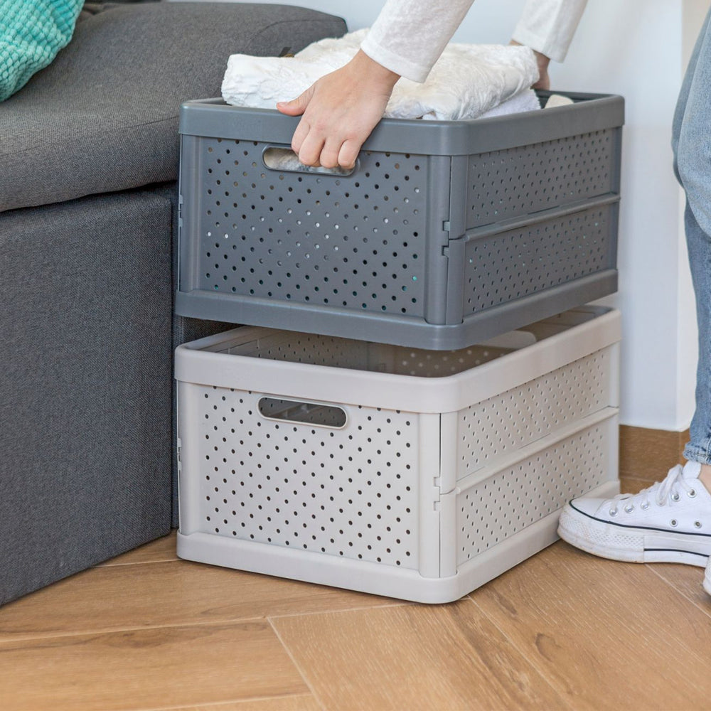 Vigar Compact 11.3L Plastic Foldable Crate Home Office Basket Storage Sand White — image 5