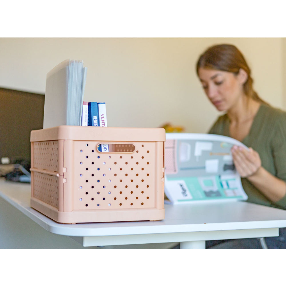 Vigar Compact 11.3L Plastic Foldable Crate Home Office Storage Basket Peach Pink — image 5