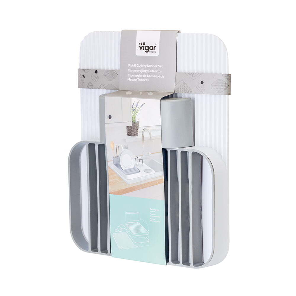 Vigar Rengo Dish Drying Rack & Cutlery Bucket Drainer Set Storage White/Grey — image 6