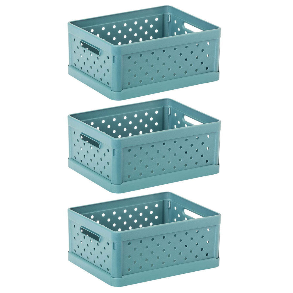 Vigar Compact 3.3L Plastic Foldable Crate Home Basket Storage Tray Stone Blue (3 Pack)