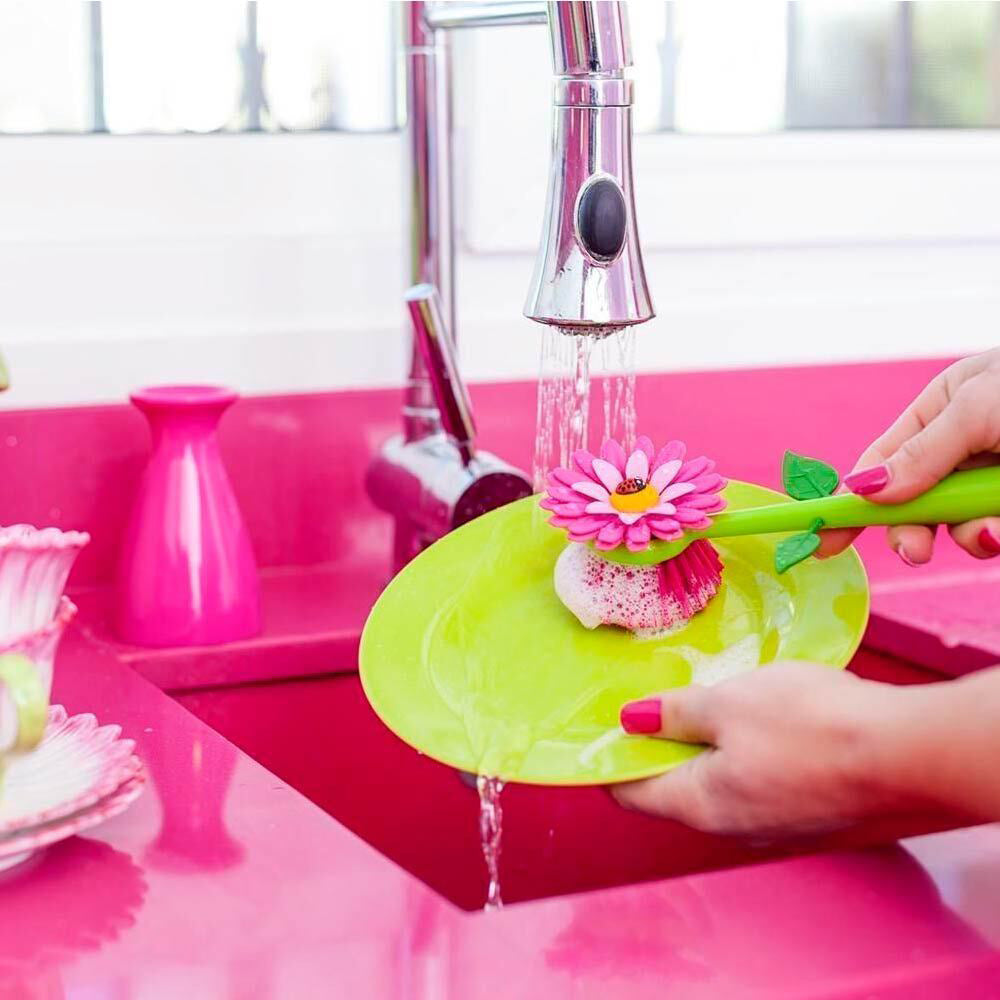Vigar Flower Power Dish Brush Kitchen Plate/Bowl Cleaner Scrubber w/Vase Pink (2 Pack)