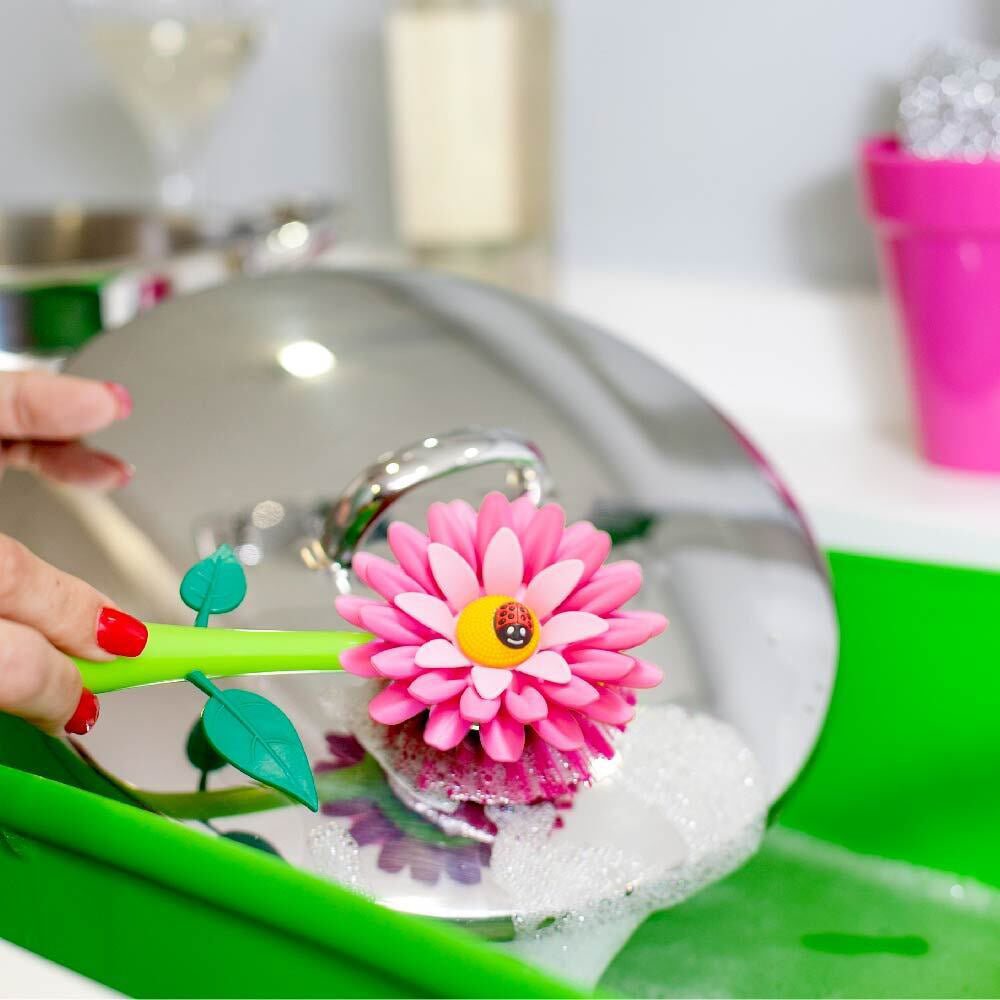 Vigar Flower Power Dish Brush Kitchen Plate/Bowl Cleaner Scrubber w/Vase Pink (2 Pack) — image 2