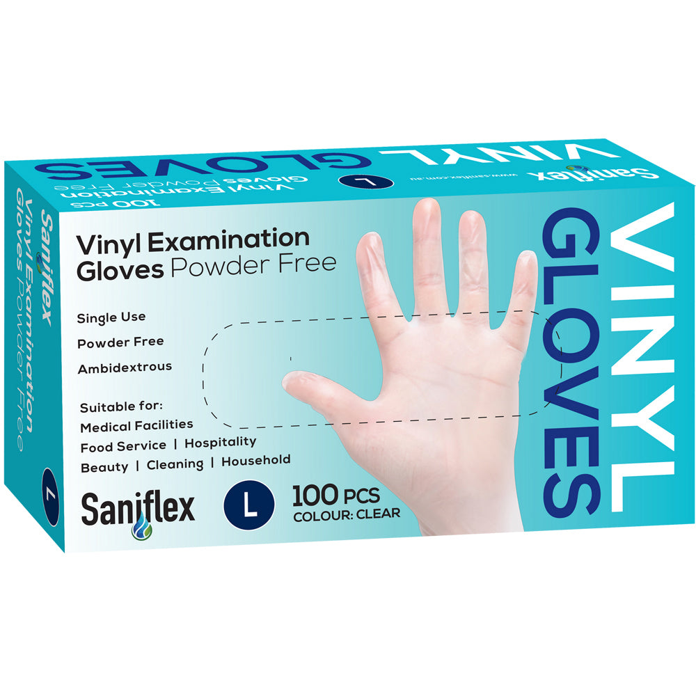 Saniflex Vinyl Disposable Gloves Clear Size L Home Cleaning Work PPE (100 Pieces)