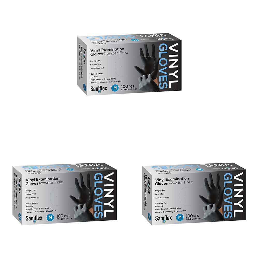Saniflex 100pc Saniflex Black Vinyl Examination Latex Powder Free Gloves- Size M (3 Pack)