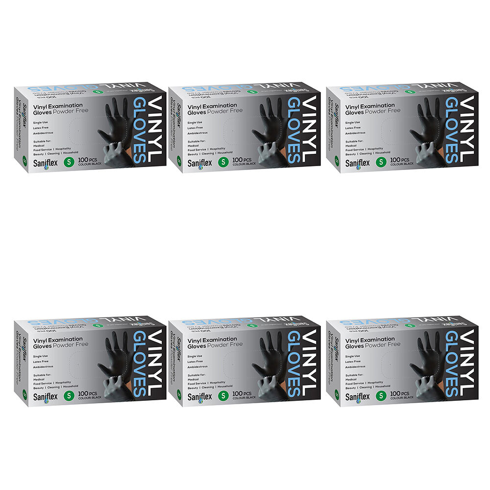 Saniflex 100pc Saniflex Black Vinyl Examination Latex Powder Free Gloves- Size S (6 Pack)