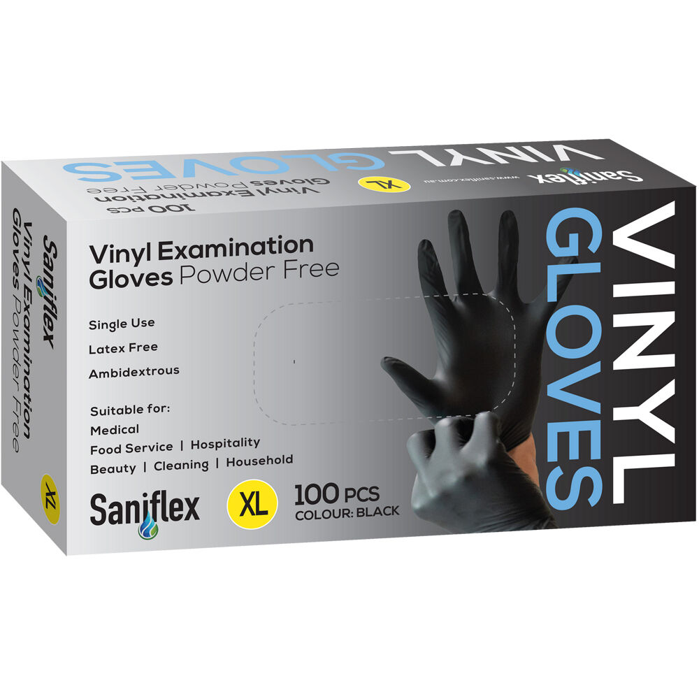 Saniflex Black Vinyl Examination Latex Powder Free Gloves- Size XL (100 Pieces)