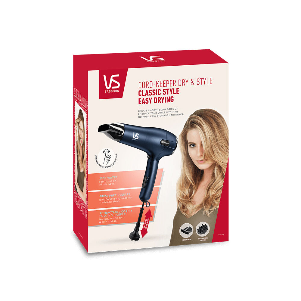 VS Sassoon Cord-Keeper Dry & Style Compact Hair Blow Dryer Styling Tool Blue