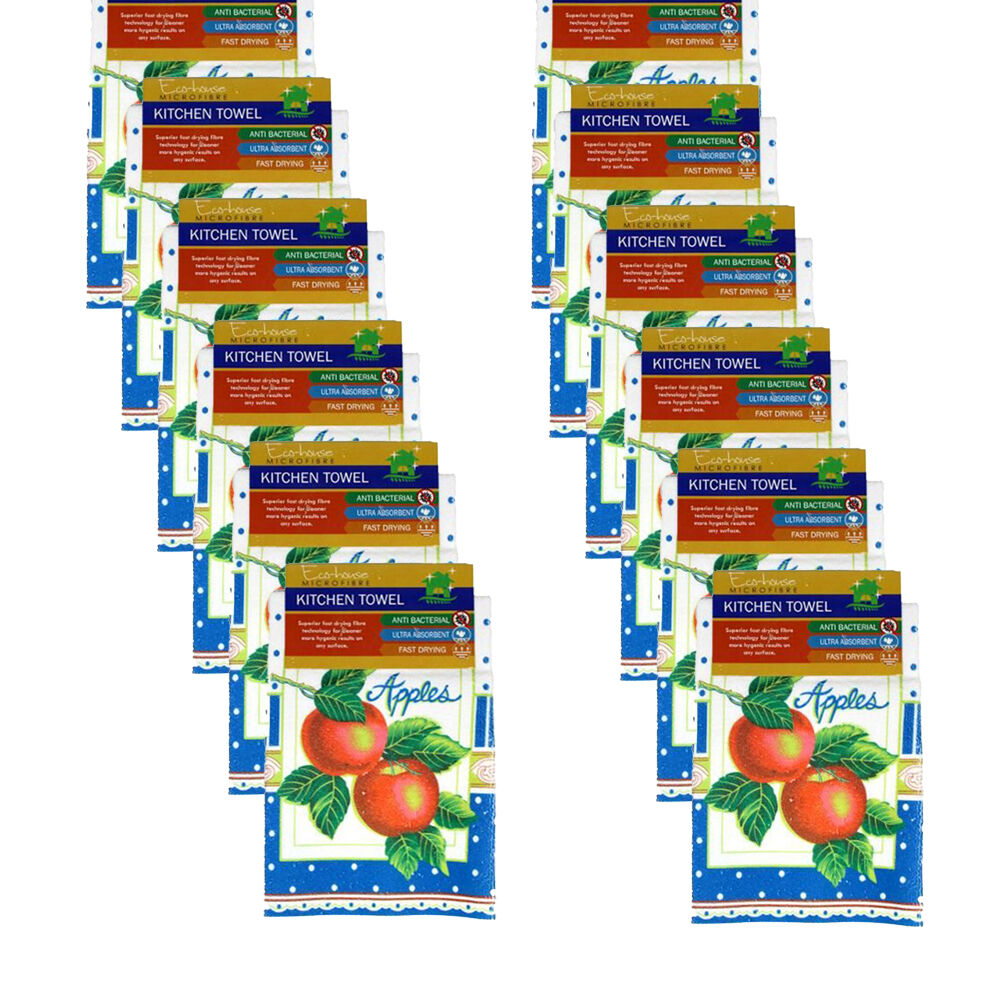 Ecohouse Microfibre Anti Bacterial Kitchen Towels - Assorted (12 Pack)