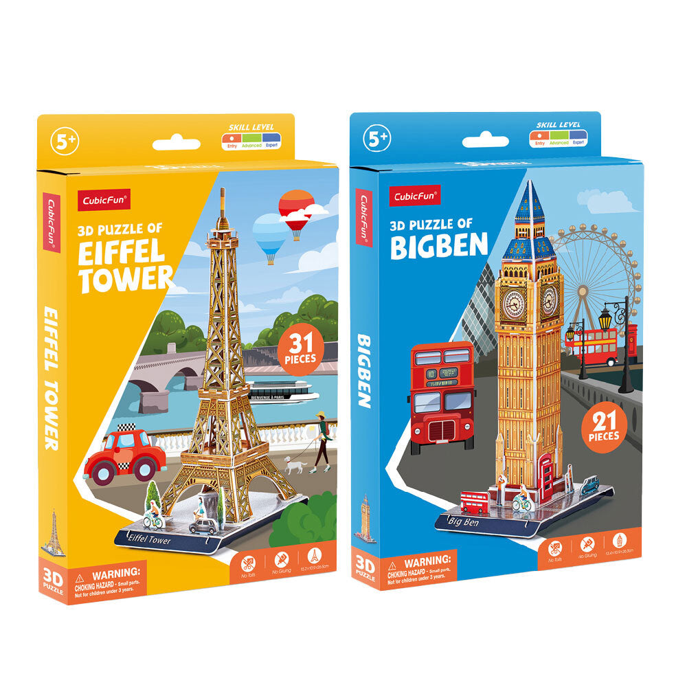 Cubic Fun CubicFun 2pc Eiffel Tower and Big Ben 3D Puzzles Kids Toy Interactive Construction Set
