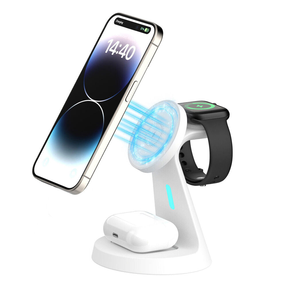 Laser 3 in 1 Wireless Charging Stand Magnetic Multi Device Charger White