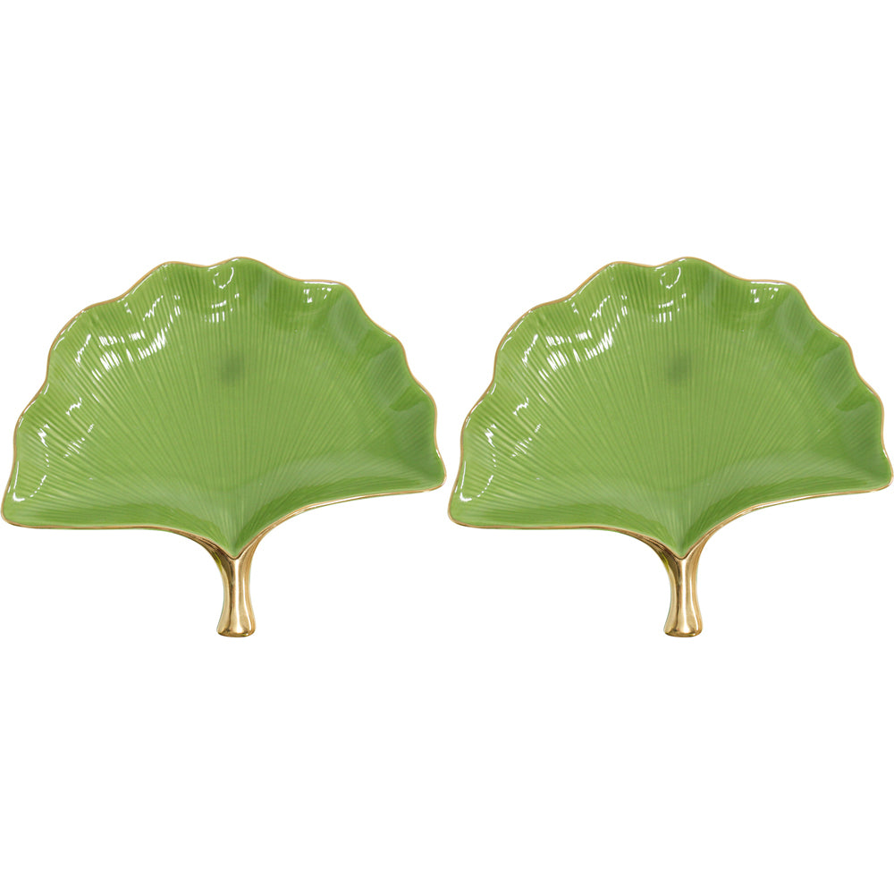 LVD Gingko Plate Greengold Large Decorative Display Home Kitchen Decor (2 Pack)
