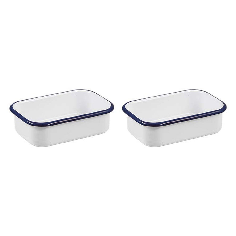 Urban Style Enamelware 14.5cm Multipurpose Rectangle Tray w/ Blue Rim White (2 Pack)