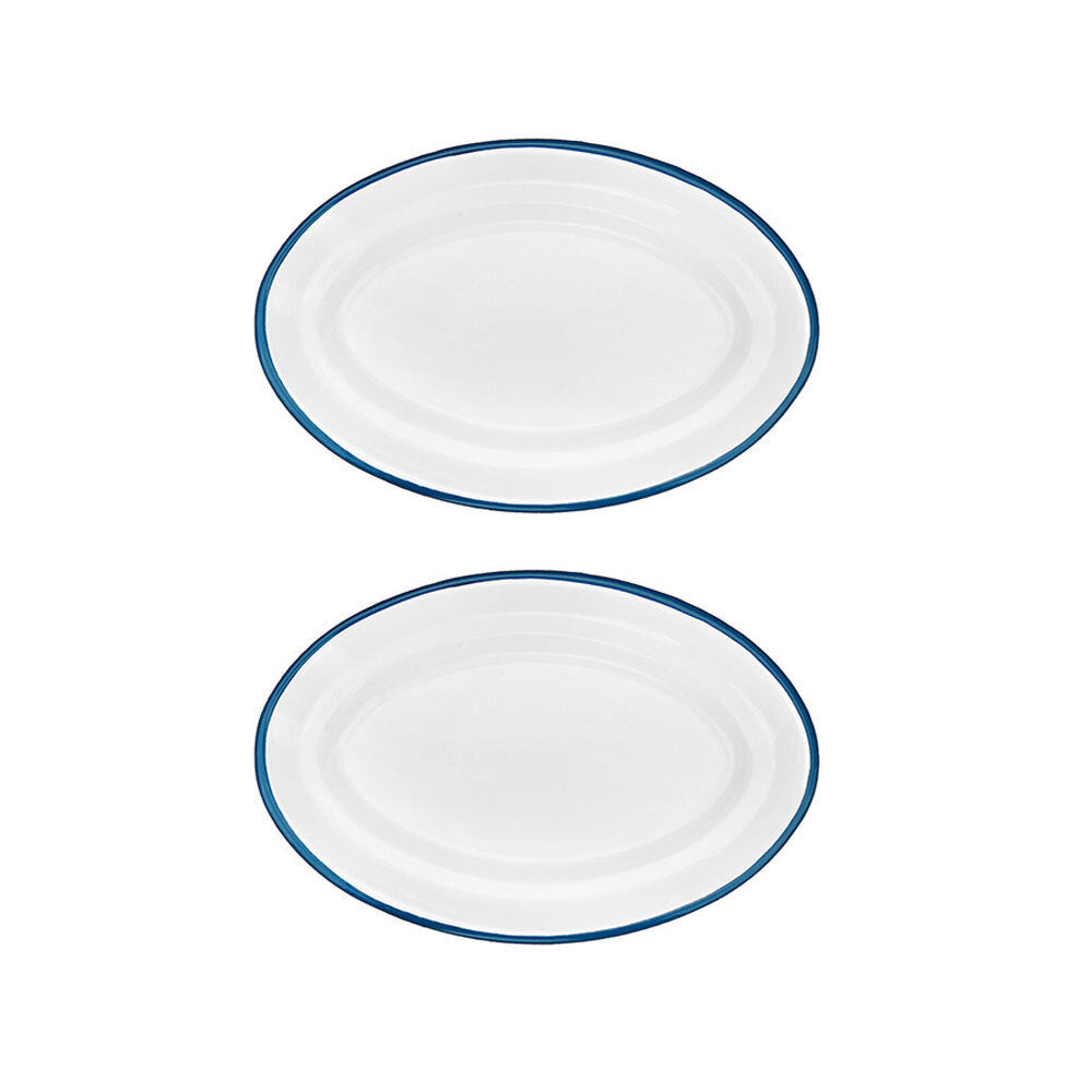 Urban Style Enamelware 30cm Oval Tray Food Serving Platter w/ Blue Rim White (2 Pack)